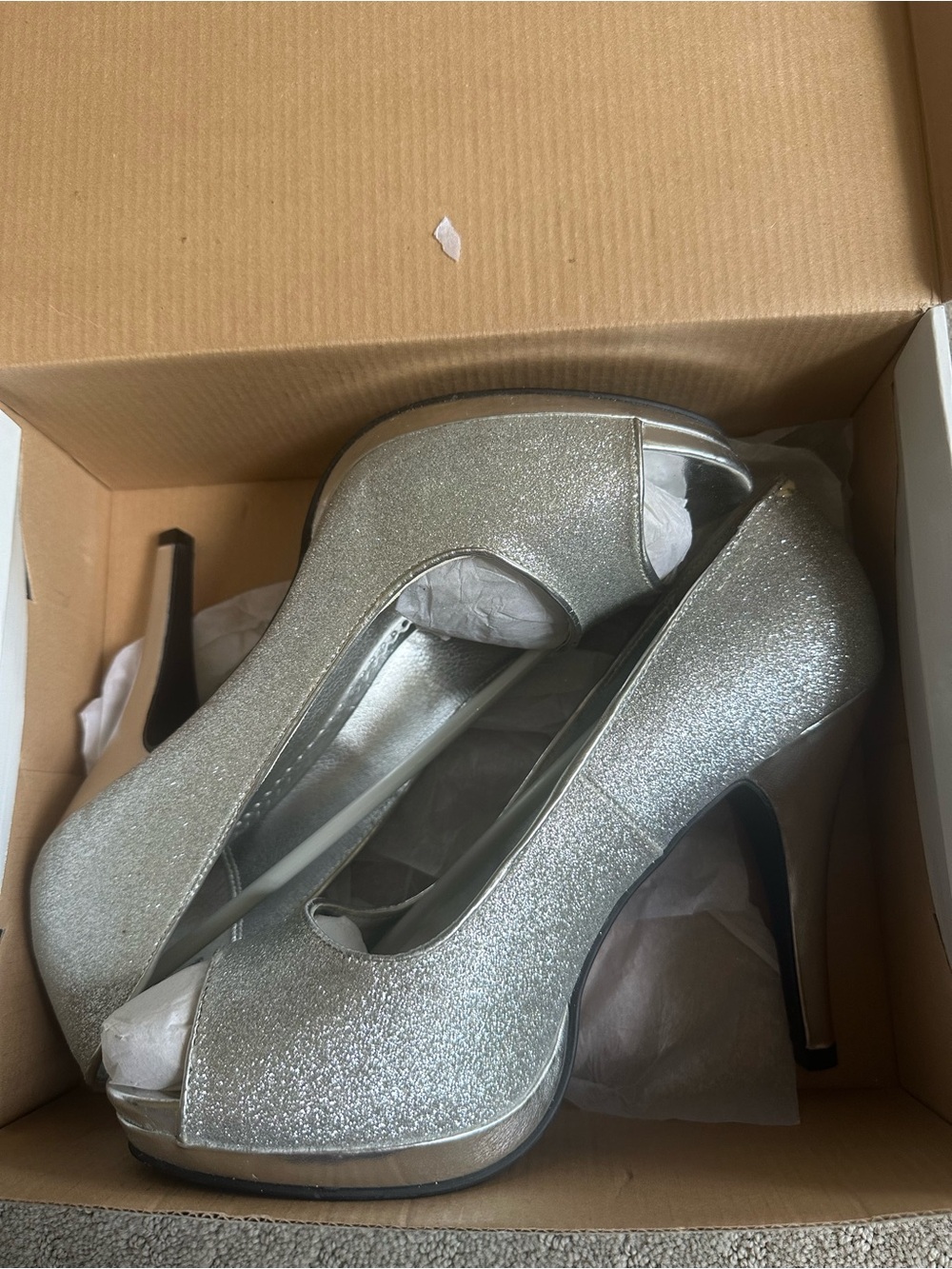 Rampage Silver Glitter Peep-Toe Platform Heels